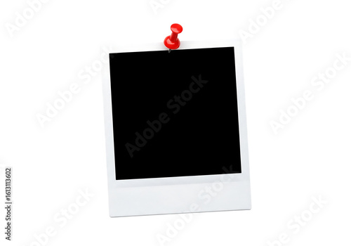 Blank white polaroid instant photo frame pinned with a red pushpin thumbtack. Isolated on transparent background, png