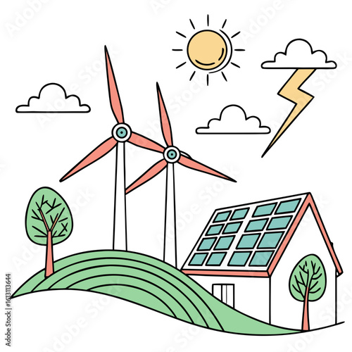 A cartoon illustration depicts a house powered by wind turbines and solar panels, showcasing renewable energy sources