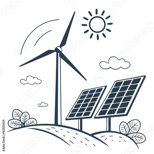 A black and white illustration depicts wind turbines and solar panels on a hill, symbolizing sustainable and clean energy sources