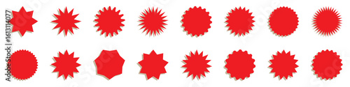 Red color classic abstract elements with jagged edges. Vector illustration of silhouette blank for sicker, label, tag, badge, stamp, etc. Set of Zig zag wavy edge red starburst circle shapes icon.  
