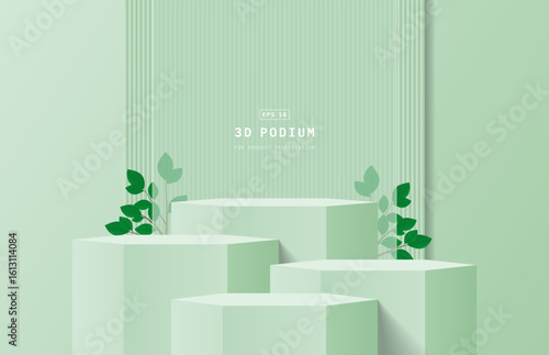 Abstract green 3d background studio room. Realistic 3d hexagon podium stand with tree branch and leaf, rectangle glass and vertical shape backdrop. Vector geometric platform. 3d vector rendering.