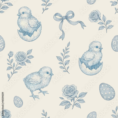 Vintage French style Easter pattern with blue and white Easter chickens, eggs and floral elements.