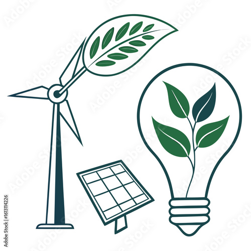 An illustration of a windmill, solar panel, and lightbulb with leaves, symbolizing green energy and environmental sustainability