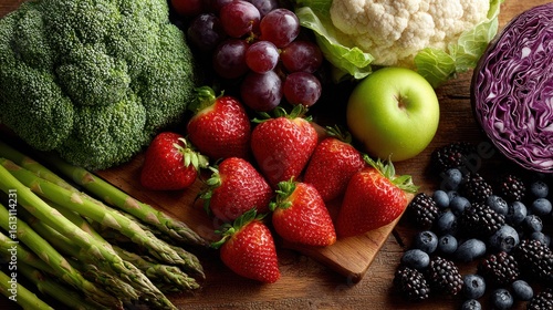 Fresh fruits and vegetables in a colorful display, celebrating natural abundance and healthy living.