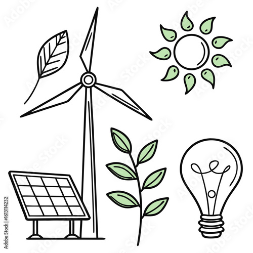 A handdrawn illustration showcasing renewable energy elements like a windmill, solar panel, leaf, and lightbulb, symbolizing ecofriendly power