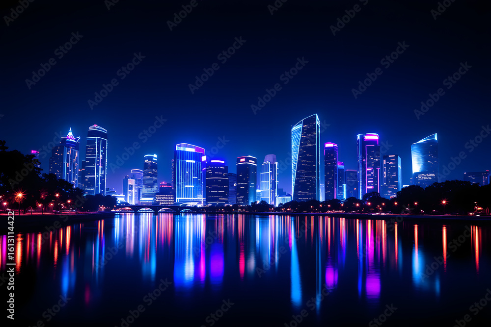 Naklejka premium Neon City Lights Reflection on Water Modern Urban Landscape View