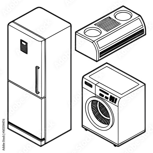 Isometric illustration of a refrigerator, air conditioner, and washing machine isolated on white background