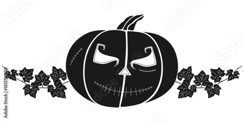 Scary Pumpkin Face with Ivy Leaves – Halloween Vector Illustration in Black and White