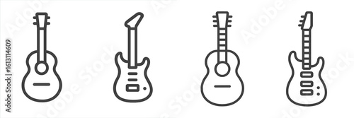 Different types of guitars displayed in a minimalistic style showcasing their unique designs