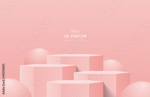 Abstract pink 3d background studio room. Realistic 3d hexagon podium stand with sphere balls or bubbles floating and bouncing. Minimal wall scene. Vector geometric platform. 3d vector rendering.