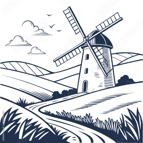 A vintage windmill stands tall in a rural landscape, with a winding road leading to it