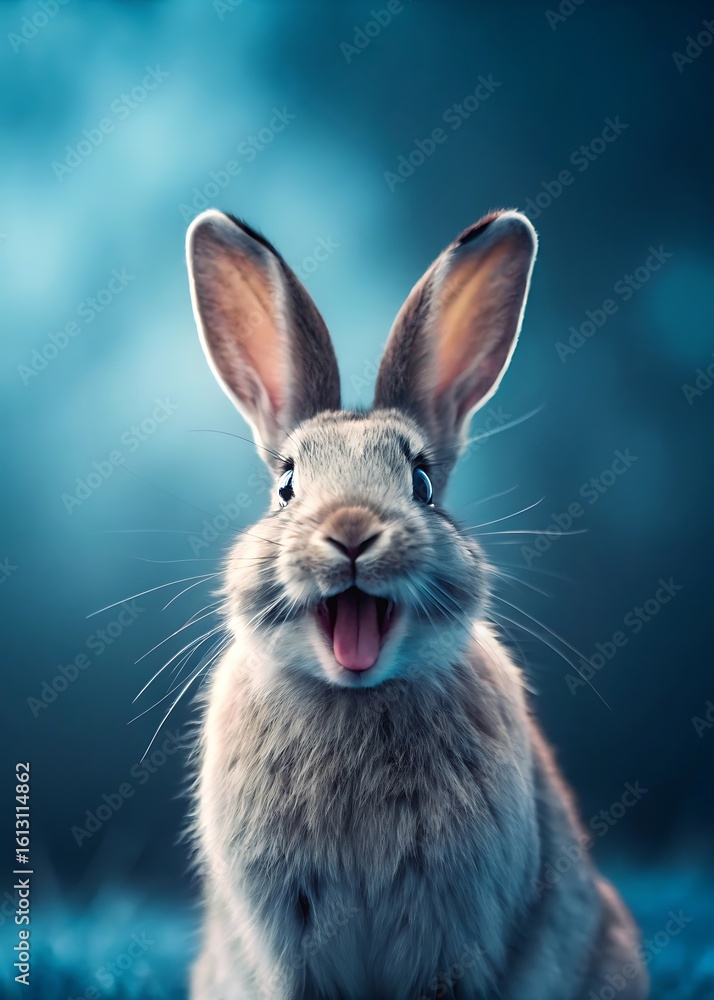Obraz premium Joyful rabbit s close up portrait under a moody blue sky