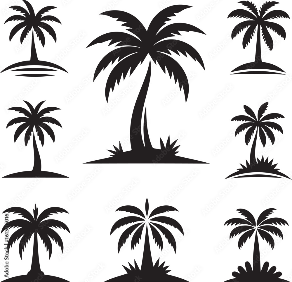 Fototapeta premium Palm tree silhouettes on a tropical summer landscape with beach and nature elements