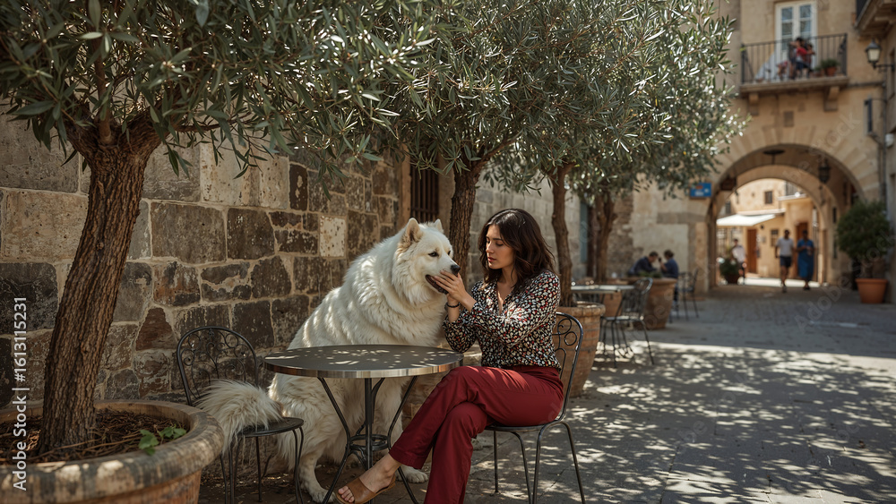 Obraz premium Hyper Realistic European Cafes with Elegant Women and Majestic Dogs