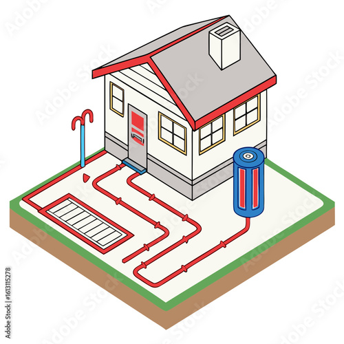 An illustration of a geothermal energy system powering a house, showcasing a sustainable and ecofriendly heating solution isolated on white background