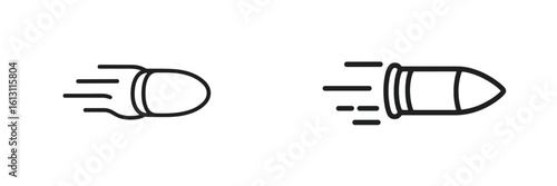Different designs of bullets showing motion effects and aerodynamic forms used in weaponry and military illustrations