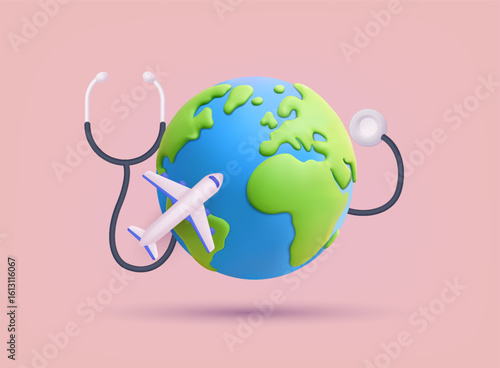 3D illustration of world travel and healthcare — globe with airplane and stethoscope. Great for medical tourism and global health themes. 3D Web Vector Illustration.