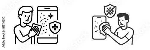 People cleaning mobile devices with wipes and shields for protection against germs and viruses in a modern setting