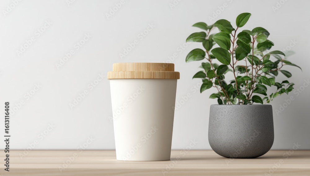 Fototapeta premium Blank coffee cup on a light wooden surface next to a plant