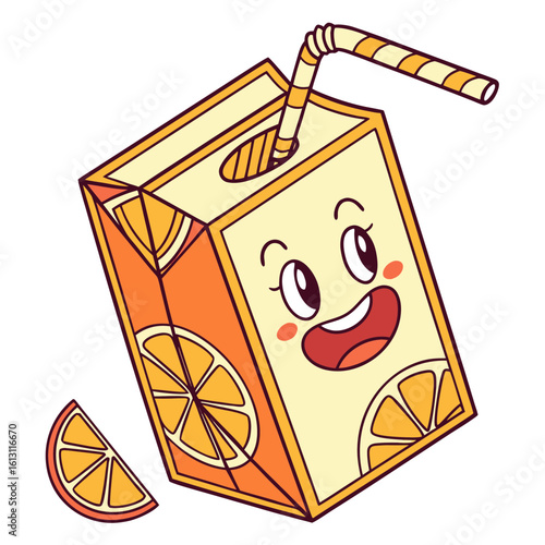 Cute kawaii orange juice carton with a straw isolated on white background
