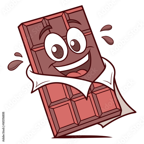 A happy cartoon chocolate bar character unwrapping itself