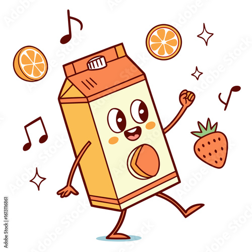 Dancing orange juice box with fruits and music notes, isolated on white background