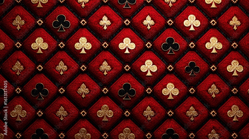 Naklejka premium Luxurious Pattern of Red Cushions with Gold and Black Club Symbols