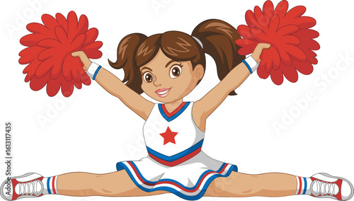 Cartoon cheerleader vector in dynamic split pose—white uniform with blue and red accents, pom-poms raised, spirited character illustration