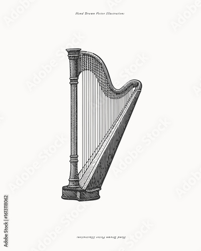 Classical harp musical instrument standing upright. Hand drawn illustration in engraving style. Classical music and orchestra concept. Design for print, card, invitation, poster, banner.