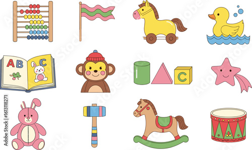 Colorful kids toy vector set—rubber duck, plush bunny, rocking horse, abacus, monkey figure, alphabet book, shapes and drum, playful educational illustration