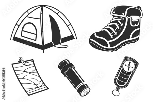 Camping Gear Essentials Tent Boot Compass Map Flashlight.