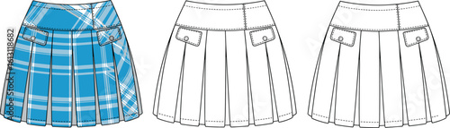 Vector pleated skirt illustration with plaid pattern—front and back technical sketch and colored version featuring buttoned pockets and vertical pleat detailing