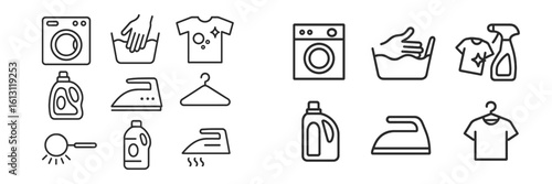 Cleaning and laundry icons showcasing various washing and ironing activities for household chores