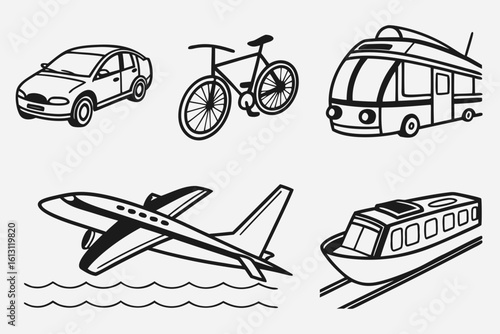Diverse Transportation Methods Collection Car Bicycle Bus Airplane Train.