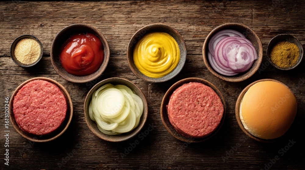 Colorful Sauces and Condiments in Small Bowls on Wooden Surface Colorful Sauces and Condiments in Small Bowls on Wooden Surface