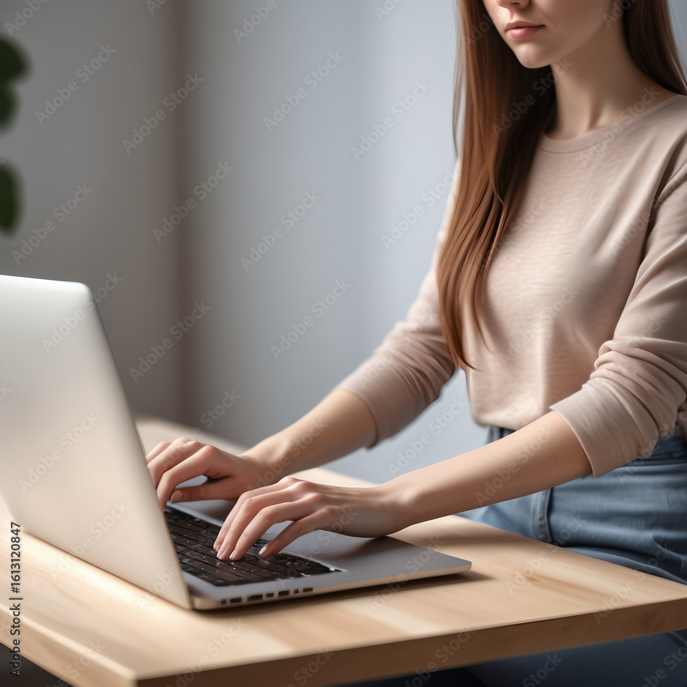 Fototapeta premium Modern Home Office Scene with Young Woman on Laptop