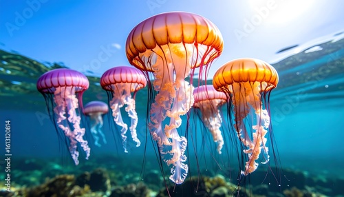 Vibrant jellyfish swim in clear ocean water above a coral reef