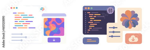 Digital design tools showcase modern user interface concepts for developers and creatives in a vibrant, colorful layout