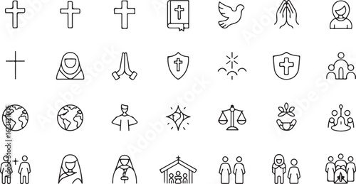 Set of thin line icons for religion and spirituality. Vector collection of christianity, faith, and community symbols.