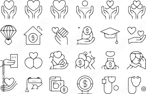 A collection of outline icons representing concepts of charity, donation,humanitarian aid, and community support.