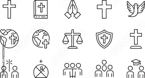 Christianity line icon set. Thin outline symbols for religion, faith, church, and community, including cross, bible, prayer, and dove. 20.eps