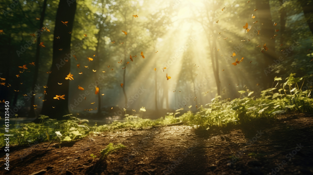 Fototapeta premium Bright Nature Landscape with Sunlight, Forest, and Misty Morning Atmosphere