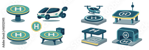 Conceptual design of futuristic flying vehicles and landing pads in a modern urban environment with advanced technology