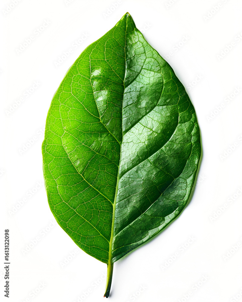 Fototapeta premium Single vibrant green leaf isolated on white background
