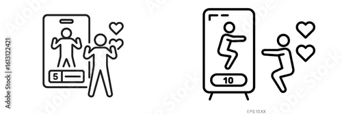 Digital interaction with heart emojis and fitness activities showcased in a mobile app interface