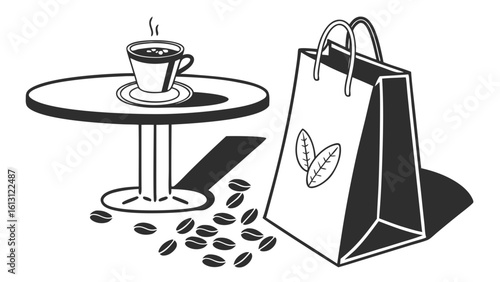Coffee cup on table with beans and a shopping bag in black and white line art illustration style
