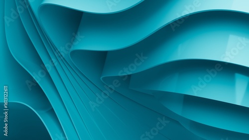 Abstract wavy curved 3d render. Turquoise soft layers of plastic with lines, folds, ruffles. Modern wallpaper, texture pattern.