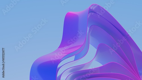 Abstract wavy curved 3d render. Violet soft layers of plastic with lines, folds, ruffles. Modern wallpaper, texture pattern.