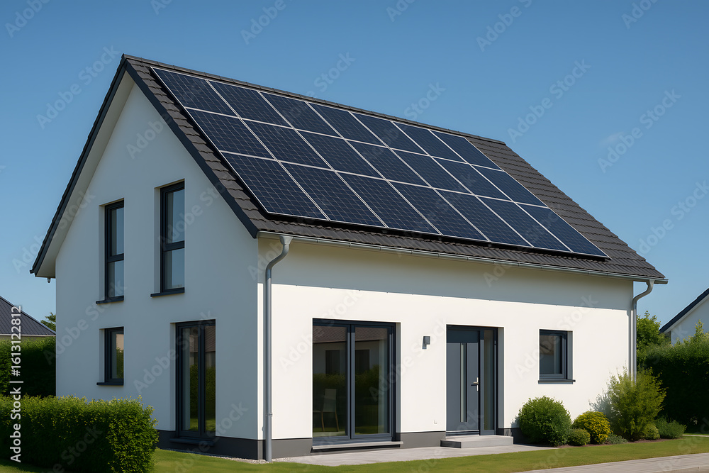 Solar panels on house roof energy efficient home renewable power system Solar panels on house roof energy efficient home renewable power system