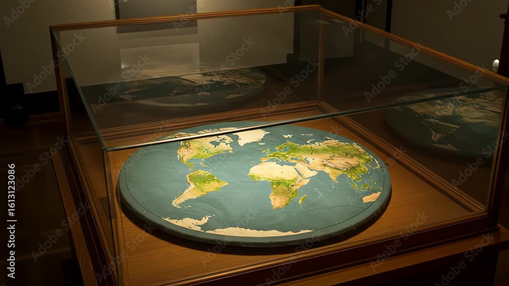 Stockvideon Flat earth a flat earth model is displayed in a glass case ...
